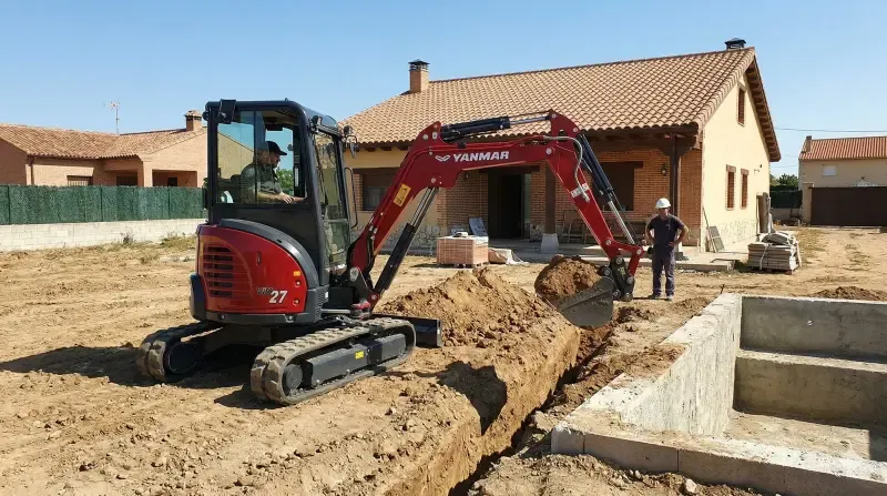 Miniexcavadora abriendo una zanja junto a una vivienda